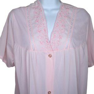 Vintage Danni Nylon Robe M Pink Embroidery Lace Knee Length Pocket Collared USA